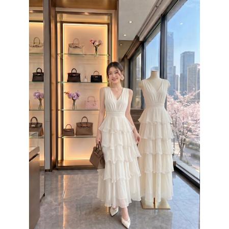 BY25122# 从一时刻法式高级感白色V领蛋糕裙女无袖收腰宴会晚礼生日公主裙 服裝批發女裝批發服飾貨源