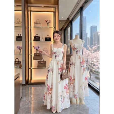 BY25125# LazyDidi折枝若若手工压褶鱼骨碎花裙中古立裁U领甜美吊带裙 服裝批發女裝批發服飾貨源