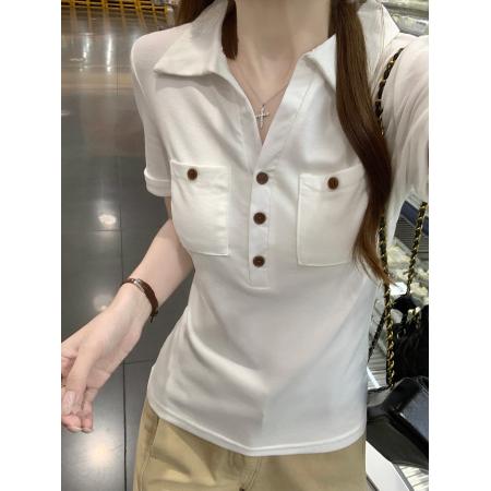 BY25126# 纯棉短袖t恤女夏新款韩系设计感口袋装饰POLO领上衣 服裝批發女裝批發服飾貨源