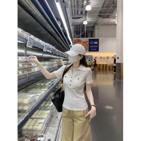 BY25126# 纯棉短袖t恤女夏新款韩系设计感口袋装饰POLO领上衣 服裝批發女裝批發服飾貨源