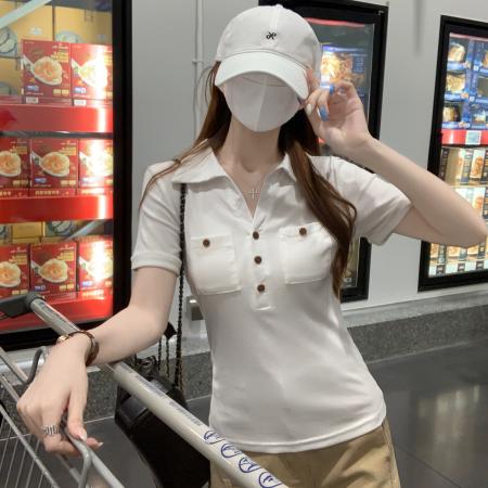 BY25126# 纯棉短袖t恤女夏新款韩系设计感口袋装饰POLO领上衣 服裝批發女裝批發服飾貨源
