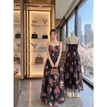 BY25127# 画报夫人茶歇复古法式优雅碎花蓬蓬裙吊带连衣裙 服裝批發女裝批發服飾貨源