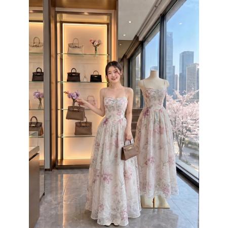 BY25127# 画报夫人茶歇复古法式优雅碎花蓬蓬裙吊带连衣裙 服裝批發女裝批發服飾貨源