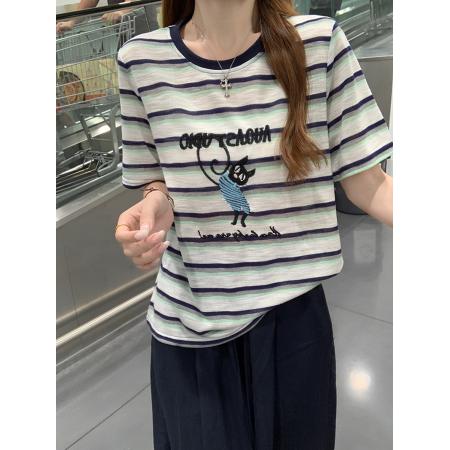 BY25129# 短袖t恤女装夏新款正肩潮条纹卡通刺绣花设计感圆领上衣 服裝批發女裝批發服飾貨源