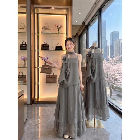 BY25130# LENGLENG烟雾迷纱灰色套装女夏季新款吊带裙上衣两件套 服裝批發女裝批發服飾貨源