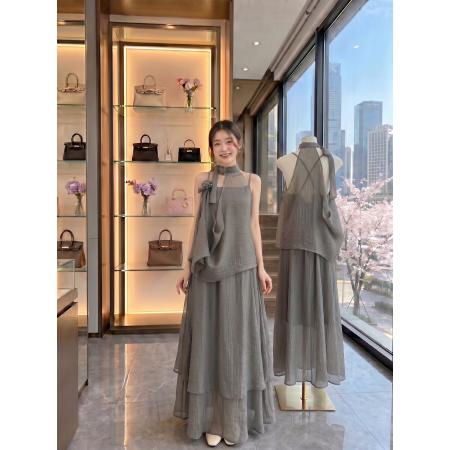 BY25130# LENGLENG烟雾迷纱灰色套装女夏季新款吊带裙上衣两件套 服裝批發女裝批發服飾貨源