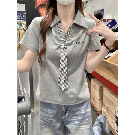 BY25131# 螺纹短袖t恤女夏新款韩系设计感领带POLO领上衣 服裝批發女裝批發服飾貨源