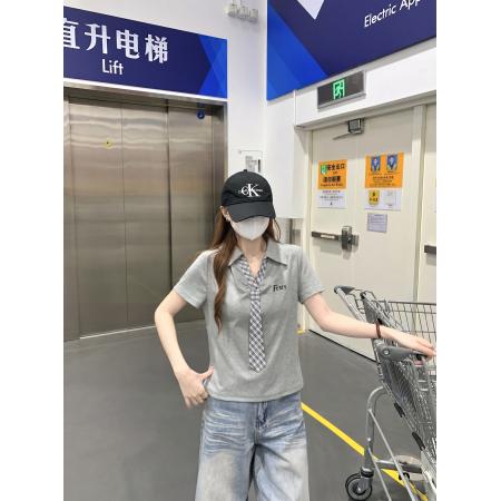 BY25131# 螺纹短袖t恤女夏新款韩系设计感领带POLO领上衣 服裝批發女裝批發服飾貨源