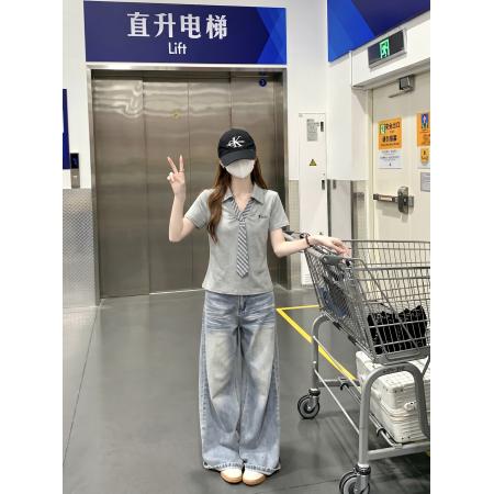 BY25131# 螺纹短袖t恤女夏新款韩系设计感领带POLO领上衣 服裝批發女裝批發服飾貨源