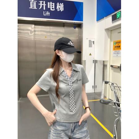BY25131# 螺纹短袖t恤女夏新款韩系设计感领带POLO领上衣 服裝批發女裝批發服飾貨源