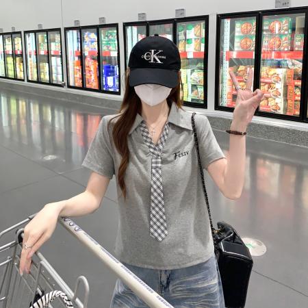 BY25131# 螺纹短袖t恤女夏新款韩系设计感领带POLO领上衣 服裝批發女裝批發服飾貨源