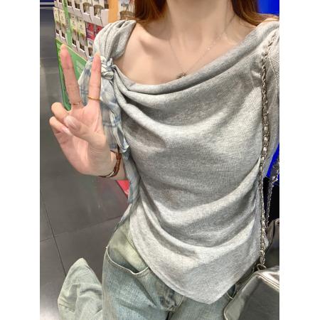 BY25132# 短袖t恤女装夏新款短款修身显瘦潮蝴蝶结设计感斜肩上衣 服裝批發女裝批發服飾貨源