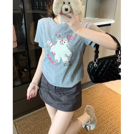 BY25133# 纯棉螺纹短袖t恤夏短款修身卡通刺绣花圆领韩版上衣女装 服裝批發女裝批發服飾貨源