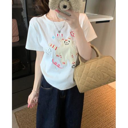 BY25133# 纯棉螺纹短袖t恤夏短款修身卡通刺绣花圆领韩版上衣女装 服裝批發女裝批發服飾貨源