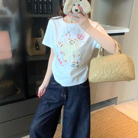 BY25133# 纯棉螺纹短袖t恤夏短款修身卡通刺绣花圆领韩版上衣女装 服裝批發女裝批發服飾貨源