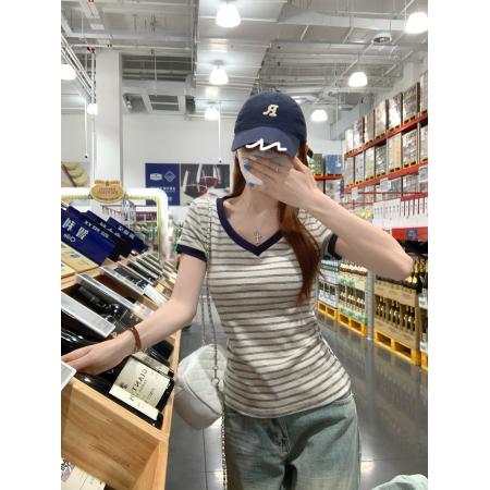 BY25134# 条纹短袖t恤女装夏新款正肩修身设计感条纹V领上衣 服裝批發女裝批發服飾貨源