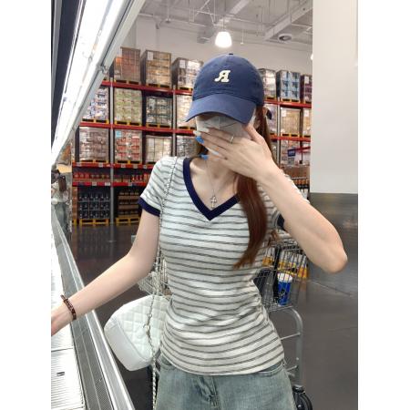 BY25134# 条纹短袖t恤女装夏新款正肩修身设计感条纹V领上衣 服裝批發女裝批發服飾貨源