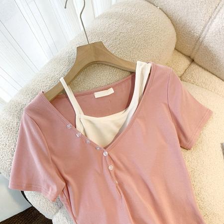 BY25138# 夏季新款甜美小清新吊带两件套洋气纯棉短袖T恤女 服裝批發女裝批發服飾貨源