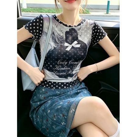 BY25139# 夏季新款修身显瘦波点兔子网纱短袖T恤女上衣透气洋气 服裝批發女裝批發服飾貨源