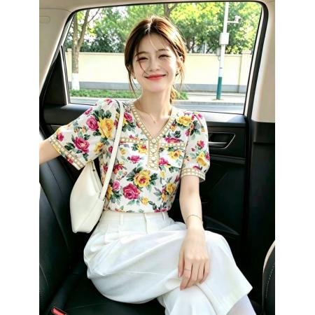 BY25141# 夏季新款V领气质甜美洋气碎花短袖雪纺衫女上衣韩范衬衫 服裝批發女裝批發服飾貨源
