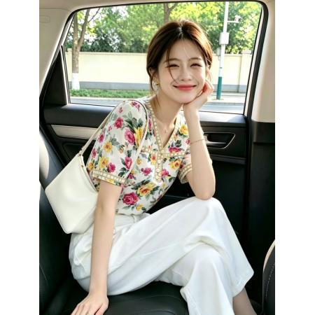 BY25141# 夏季新款V领气质甜美洋气碎花短袖雪纺衫女上衣韩范衬衫 服裝批發女裝批發服飾貨源