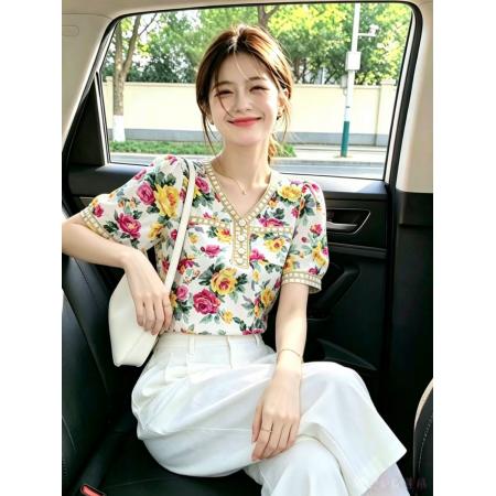 BY25141# 夏季新款V领气质甜美洋气碎花短袖雪纺衫女上衣韩范衬衫 服裝批發女裝批發服飾貨源