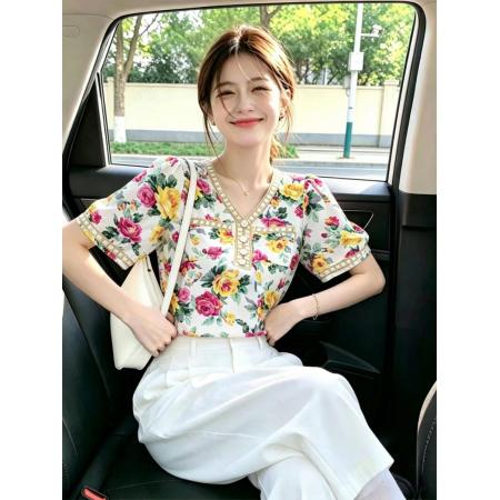 BY25141# 夏季新款V领气质甜美洋气碎花短袖雪纺衫女上衣韩范衬衫 服裝批發女裝批發服飾貨源