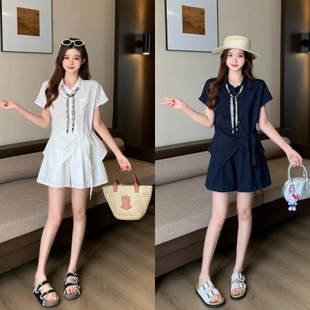 BY25143# 夏装新款胖mm大码女韩系设计感丝巾短袖衬衫短裤两件套 服裝批發女裝批發服飾貨源