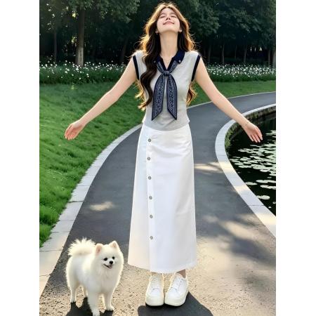 BY25152# 气质女士丝巾灰色无袖背心上衣包臀半身裙长款独特漂亮夏装两件套 服裝批發女裝批發服飾貨源