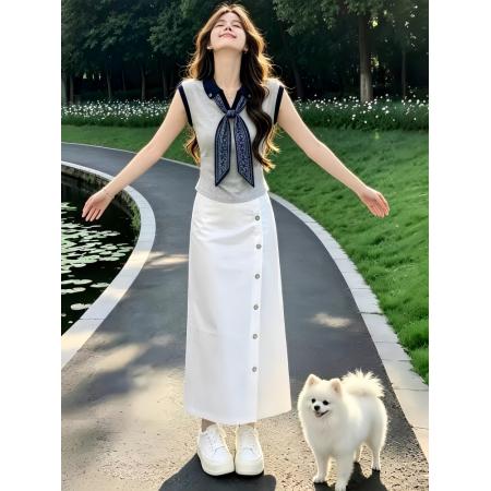BY25152# 气质女士丝巾灰色无袖背心上衣包臀半身裙长款独特漂亮夏装两件套 服裝批發女裝批發服飾貨源
