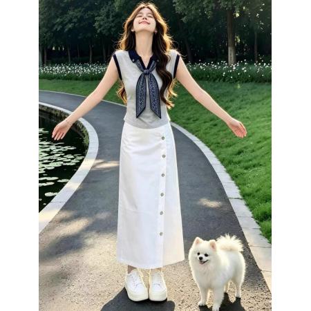BY25152# 气质女士丝巾灰色无袖背心上衣包臀半身裙长款独特漂亮夏装两件套 服裝批發女裝批發服飾貨源