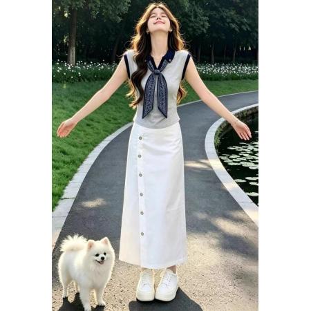 BY25152# 气质女士丝巾灰色无袖背心上衣包臀半身裙长款独特漂亮夏装两件套 服裝批發女裝批發服飾貨源