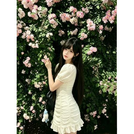 BY25156# 初恋白色连衣裙夏季新款荷叶短款边小个子飞袖收腰显瘦韩版短裙子 服裝批發女裝批發服飾貨源