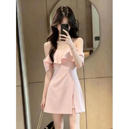 BY25157# 夏季新款小众露肩设计感连衣裙女韩版时尚百搭吊带裙气质短裙 服裝批發女裝批發服飾貨源