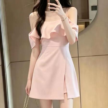 BY25157# 夏季新款小众露肩设计感连衣裙女韩版时尚百搭吊带裙气质短裙 服裝批發女裝批發服飾貨源