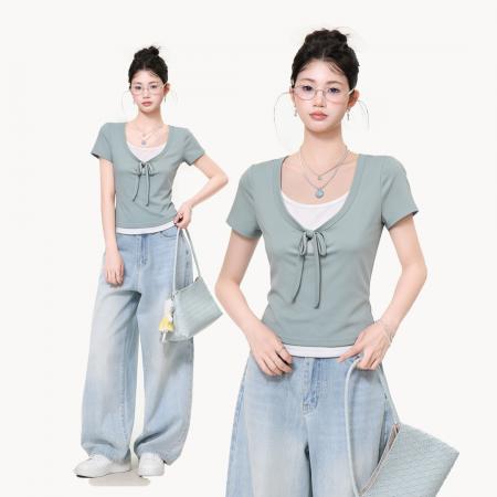 薄荷绿假两件绑带撞色短袖T恤女夏季修身显瘦小个子上衣 服裝批發女裝批發服飾貨源