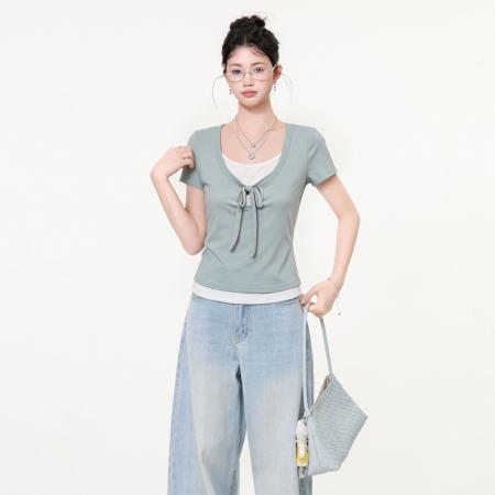 BY25159# 薄荷绿假两件绑带撞色短袖T恤女夏季修身显瘦小个子上衣 服裝批發女裝批發服飾貨源