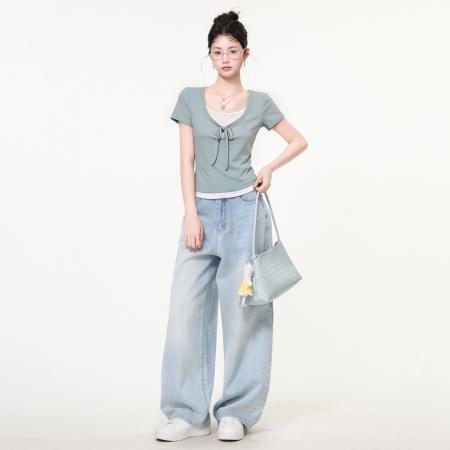 BY25159# 薄荷绿假两件绑带撞色短袖T恤女夏季修身显瘦小个子上衣 服裝批發女裝批發服飾貨源