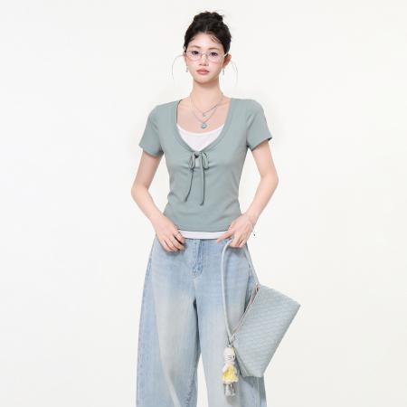 BY25159# 薄荷绿假两件绑带撞色短袖T恤女夏季修身显瘦小个子上衣 服裝批發女裝批發服飾貨源