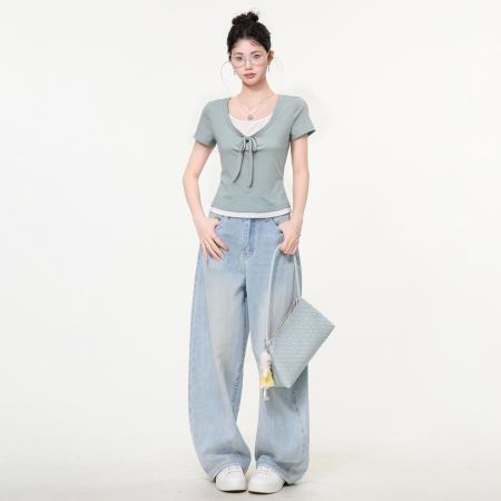 BY25159# 薄荷绿假两件绑带撞色短袖T恤女夏季修身显瘦小个子上衣 服裝批發女裝批發服飾貨源