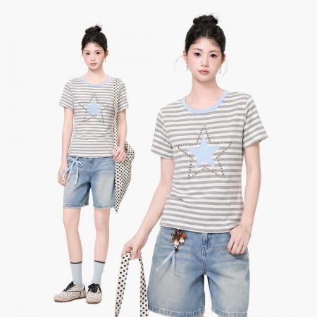 韩版正肩圆领灰白条纹短袖T恤女...