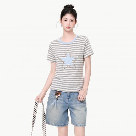 BY25160# 韩版正肩圆领灰白条纹短袖T恤女装夏季休闲百搭显瘦上衣 服裝批發女裝批發服飾貨源