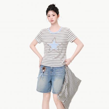 BY25160# 韩版正肩圆领灰白条纹短袖T恤女装夏季休闲百搭显瘦上衣 服裝批發女裝批發服飾貨源