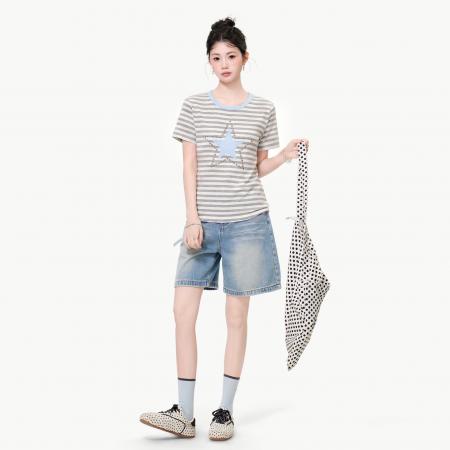 BY25160# 韩版正肩圆领灰白条纹短袖T恤女装夏季休闲百搭显瘦上衣 服裝批發女裝批發服飾貨源