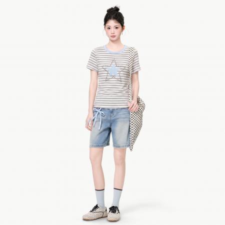 BY25160# 韩版正肩圆领灰白条纹短袖T恤女装夏季休闲百搭显瘦上衣 服裝批發女裝批發服飾貨源