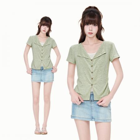韩系设计感假两件V领蕾丝短袖T恤女夏季修身显瘦时尚上衣 服裝批發女裝批發服飾貨源