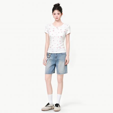 BY25163# 韩系蕾丝拼接圆领蝴蝶结短袖T恤女夏季修身显瘦时尚上衣 服裝批發女裝批發服飾貨源