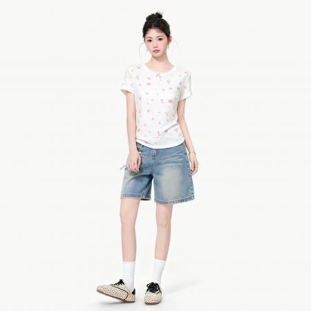 BY25163# 韩系蕾丝拼接圆领蝴蝶结短袖T恤女夏季修身显瘦时尚上衣 服裝批發女裝批發服飾貨源