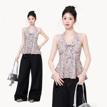 粉色碎花绑带挂脖吊带背心女夏修身露背辣妹外穿美背上衣 服裝批發女裝批發服飾貨源