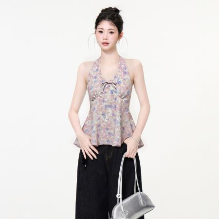 BY25165# 粉色碎花绑带挂脖吊带背心女夏修身露背辣妹外穿美背上衣 服裝批發女裝批發服飾貨源